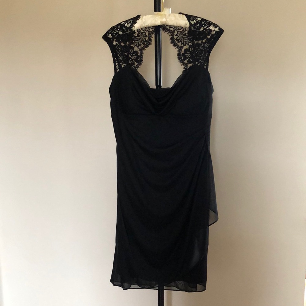 Xscape Black Dress with Lace Cap Sleeves